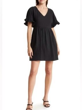 Madewell Black V-Neck Ruffle Sleeve Mini Dress XS